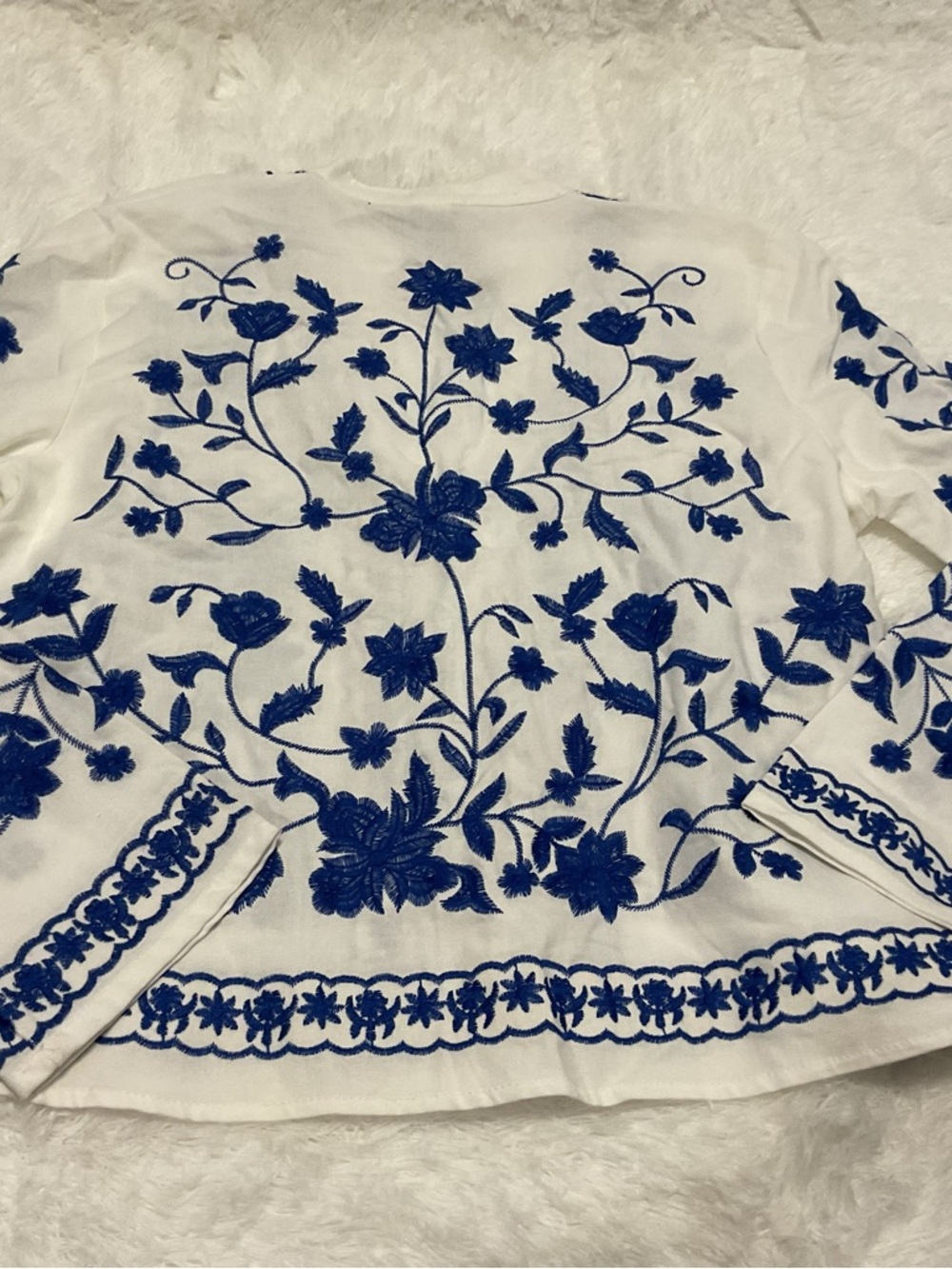 White Embroidered Top with Cobalt Blue Floral Detail